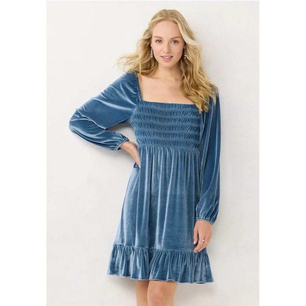 Lauren Conrad LC Smocked Velvet Blue Mini Dress Ruffles Milk made Sz M Party